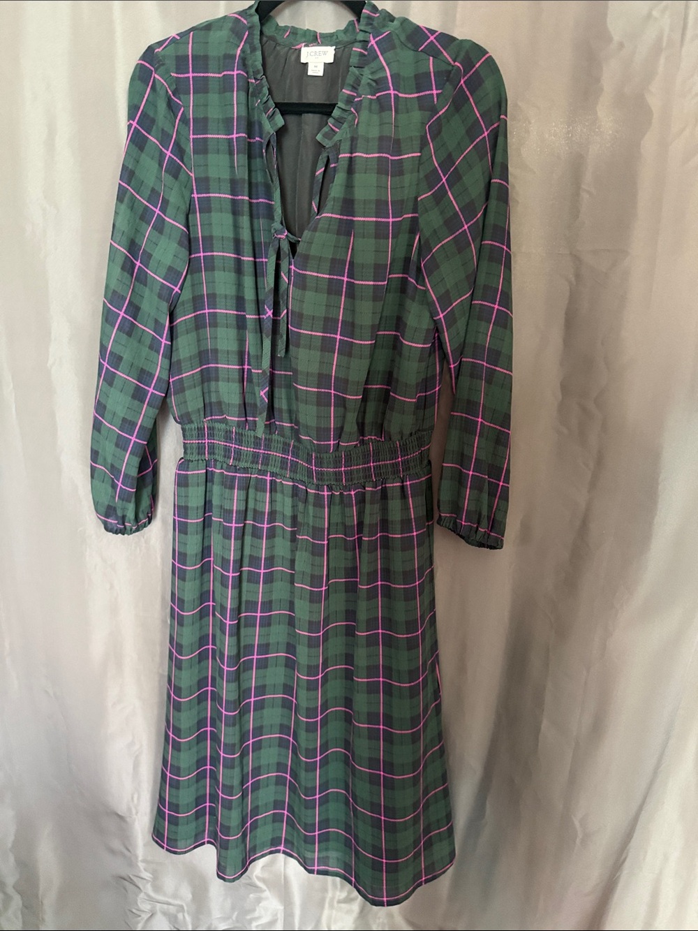 J. Crew Factory Dark Green Plaid Midi Dress with Pink Windowpane